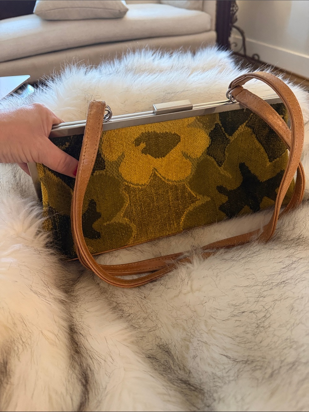 Olive Floral Frame Clutch with Tan Leather Strap
